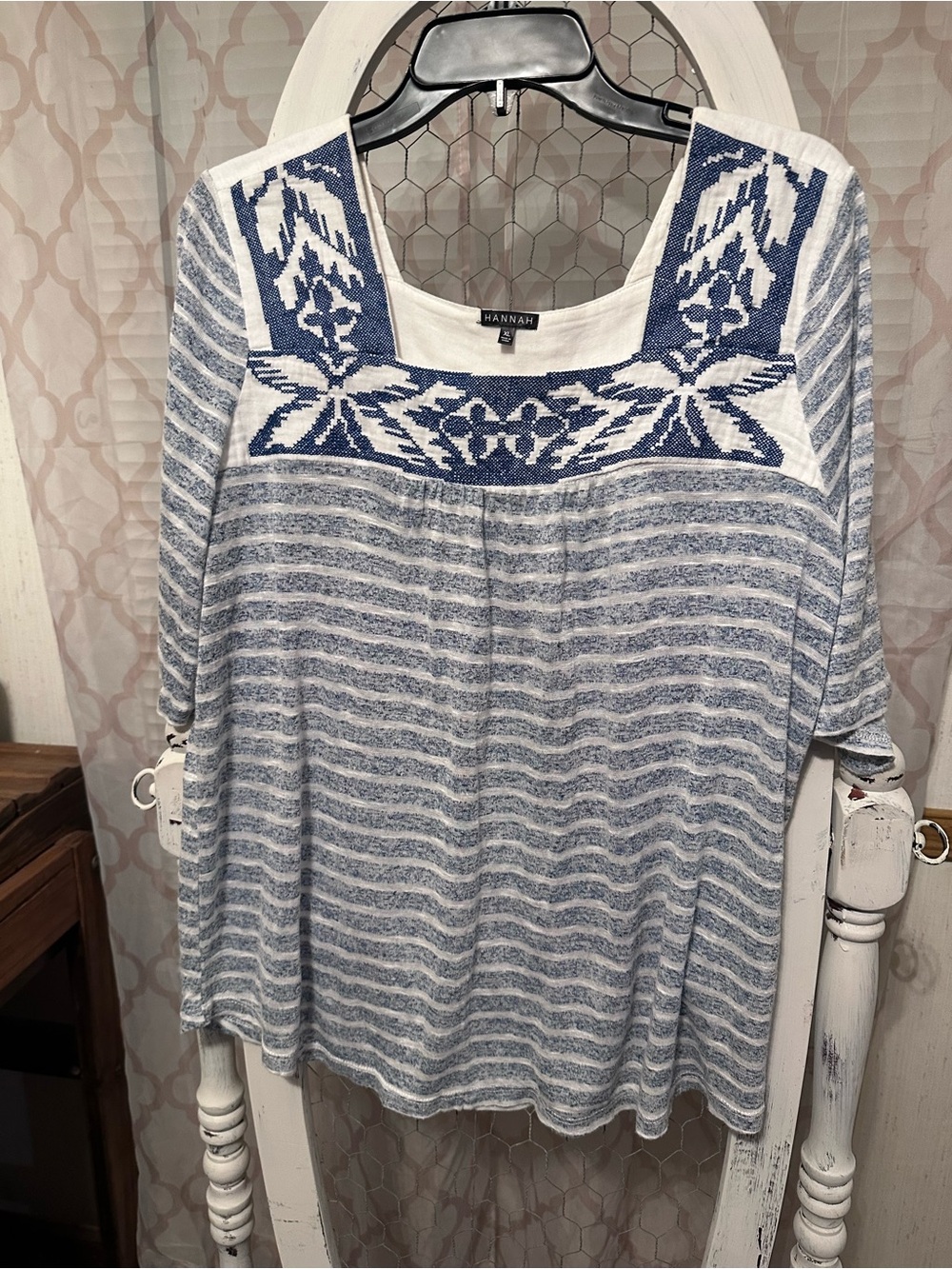 Hannah Blue & White Striped Embroidered Tunic Top